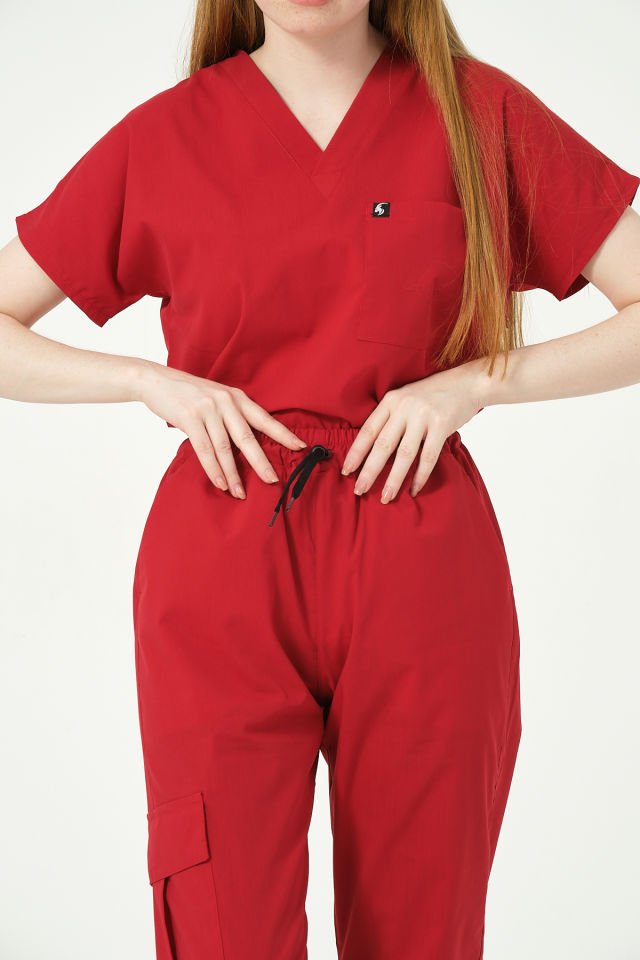 Kırmızı Likralı Scrubs Kargo Cep Doktor Hemşire Forması Yarasa Kol Takım Unisex