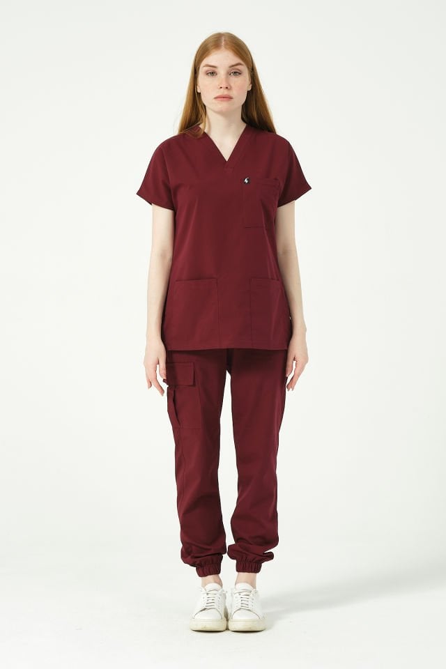 Bordo Likralı Scrubs Kargo Cep Jogger Paça Doktor Hemşire Forması Yarasa Kol Takım Unisex