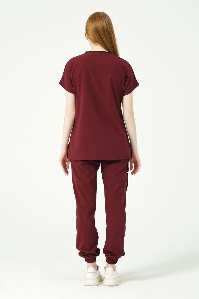 Bordo Likralı Scrubs Kargo Cep Jogger Paça Doktor Hemşire Forması Yarasa Kol Takım Unisex