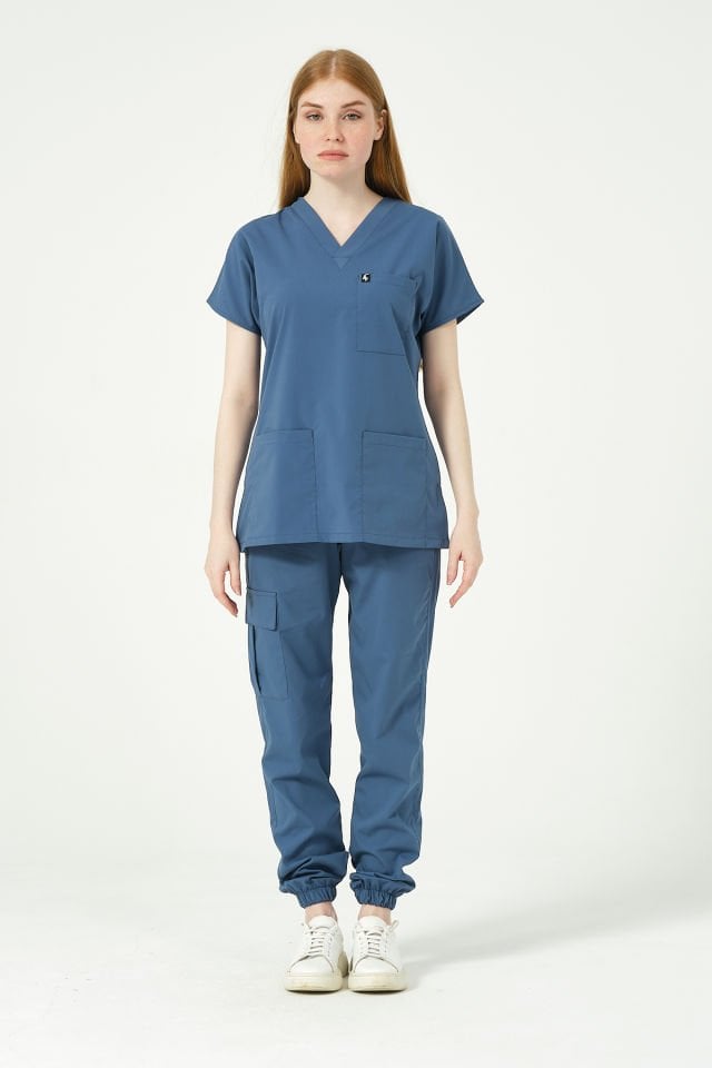 İndigo Likralı Scrubs Kargo Cep Jogger Paça Doktor Hemşire Forması Yarasa Kol Takım Unisex