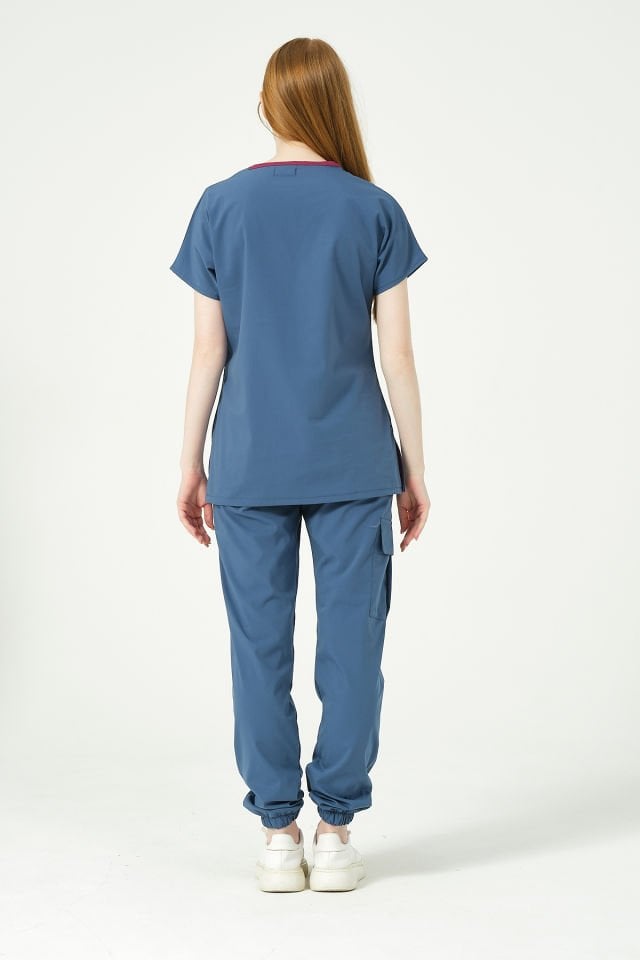 İndigo Likralı Scrubs Kargo Cep Jogger Paça Doktor Hemşire Forması Yarasa Kol Takım Unisex