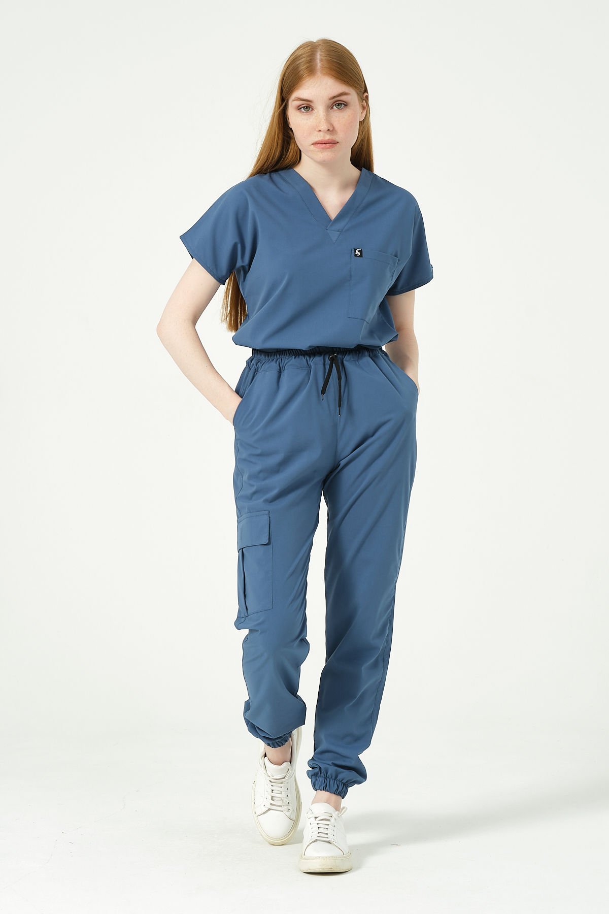 İndigo Likralı Scrubs Kargo Cep Jogger Paça Doktor Hemşire Forması Yarasa Kol Takım Unisex