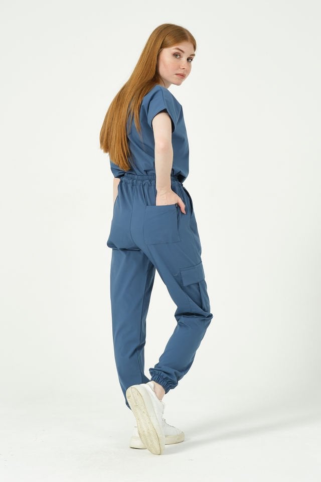 İndigo Likralı Scrubs Kargo Cep Jogger Paça Doktor Hemşire Forması Yarasa Kol Takım Unisex