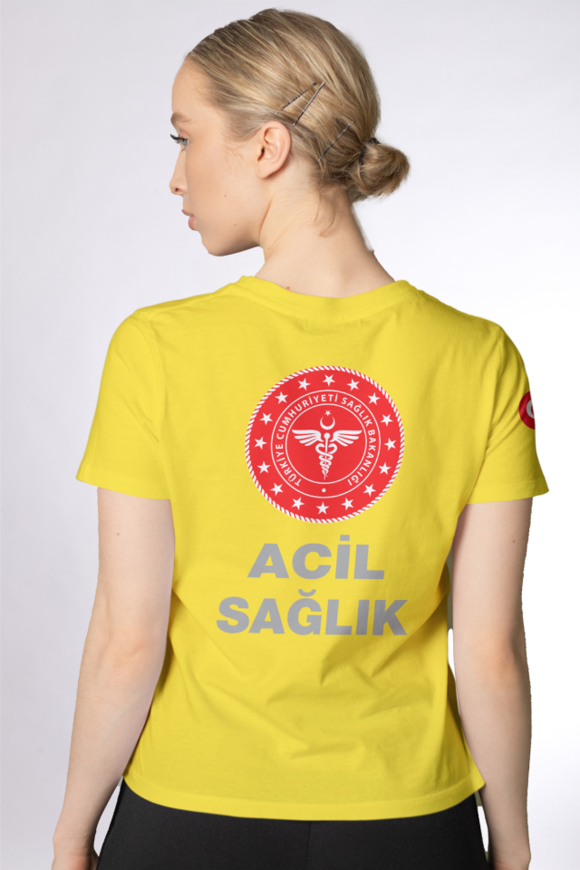 Sarı 112 Acil Sağlık Bisiklet Yaka Tişört Unisex
