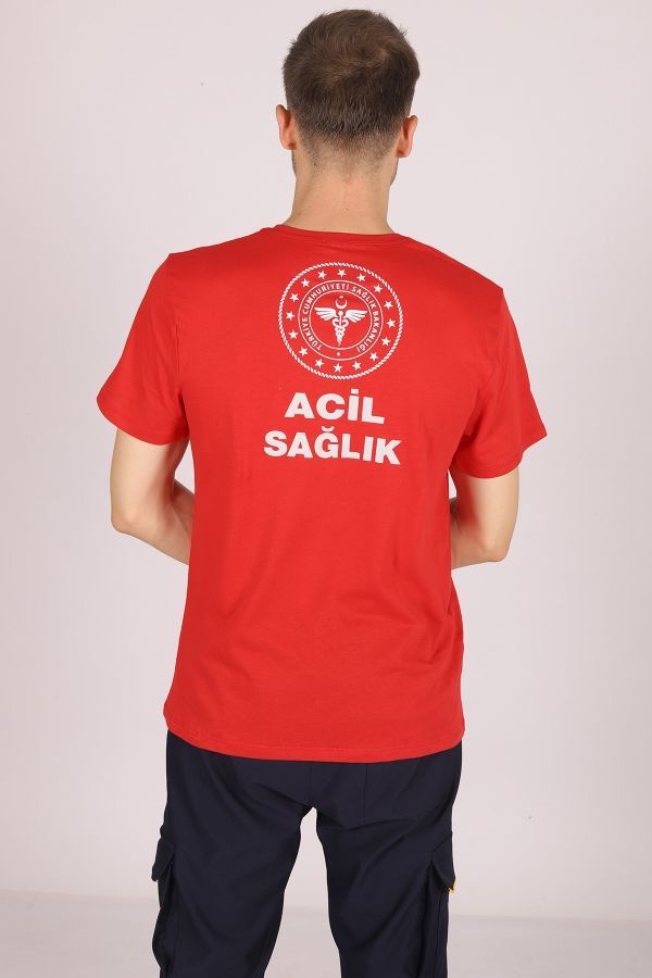 Kırmızı 112 Acil Sağlık Bisiklet Yaka Tişört Unisex