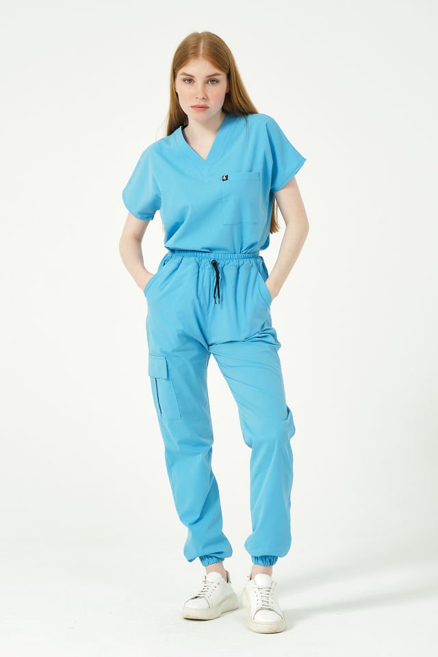 Bebe Mavi Likralı Kargo Cep Jogger Paça Doktor Hemşire Forması Tek Alt Unisex