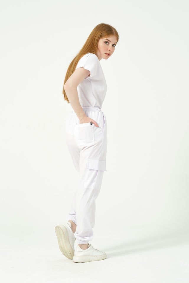 Beyaz Likralı Kargo Cep Jogger Paça Doktor Hemşire Forması Tek Alt Unisex