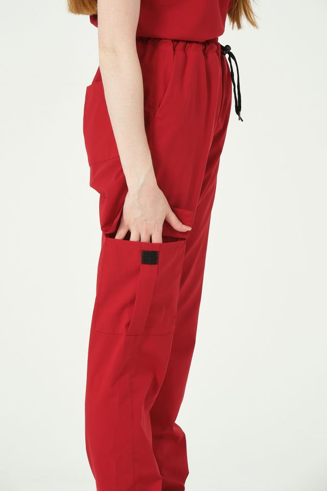 Kırmızı Likralı Kargo Cep Jogger Paça Doktor Hemşire Forması Tek Alt Unisex