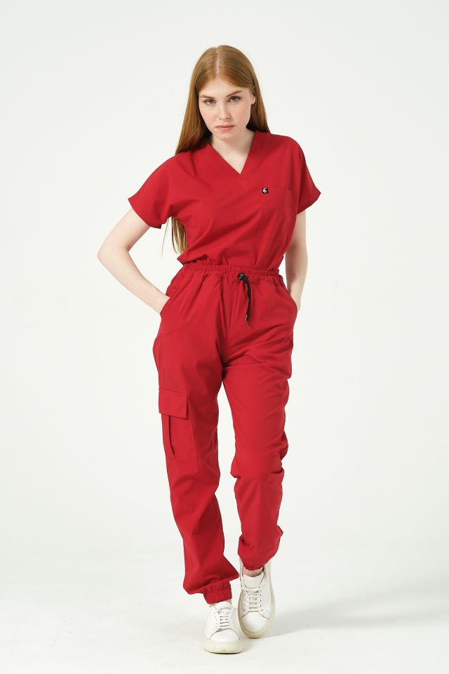 Kırmızı Likralı Kargo Cep Jogger Paça Doktor Hemşire Forması Tek Alt Unisex