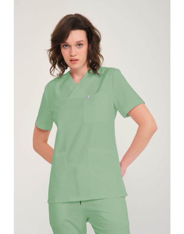 Çağla Yeşili Likralı Zarf Yaka Scrubs Doktor Hemşire Forması Takım