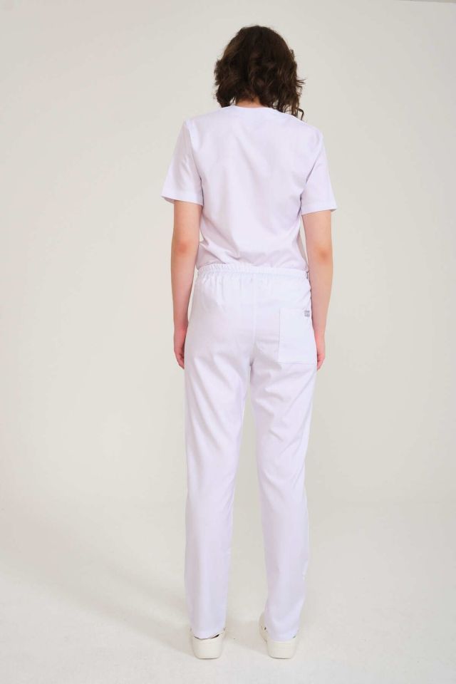 Beyaz Likralı Zarf Yaka Scrubs Doktor Hemşire Forması Takım