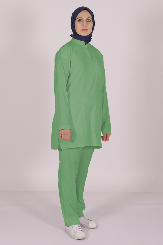 Çağla Yeşili Likralı Tesettür Scrubs Doktor Hemşire Forması Takım