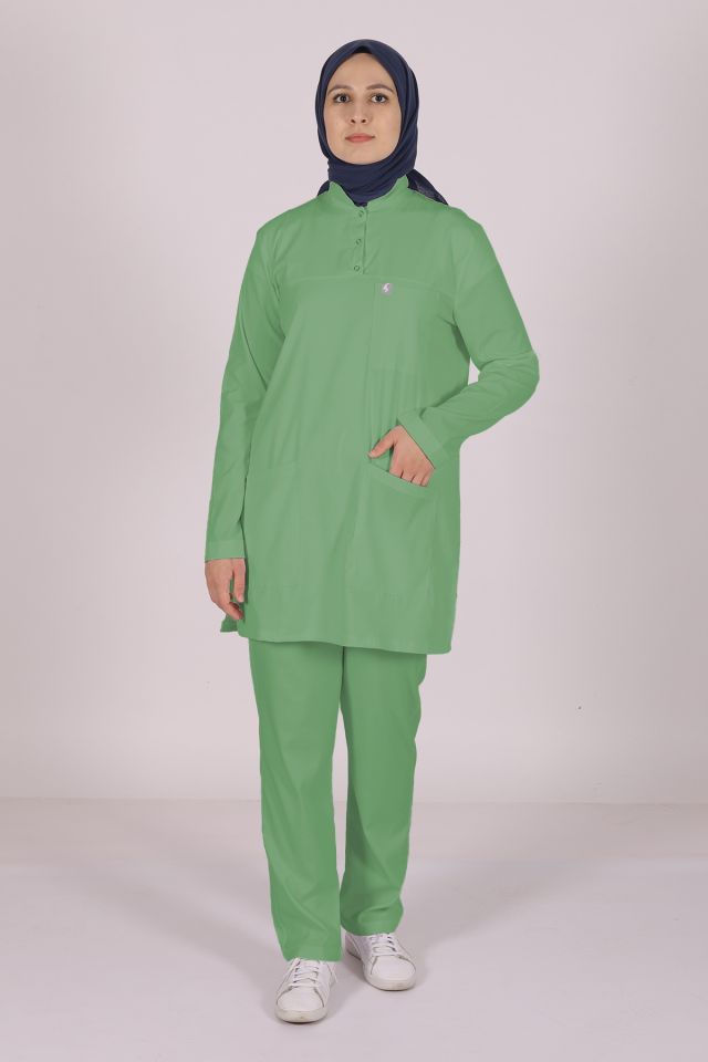Çağla Yeşili Likralı Tesettür Scrubs Doktor Hemşire Forması Takım