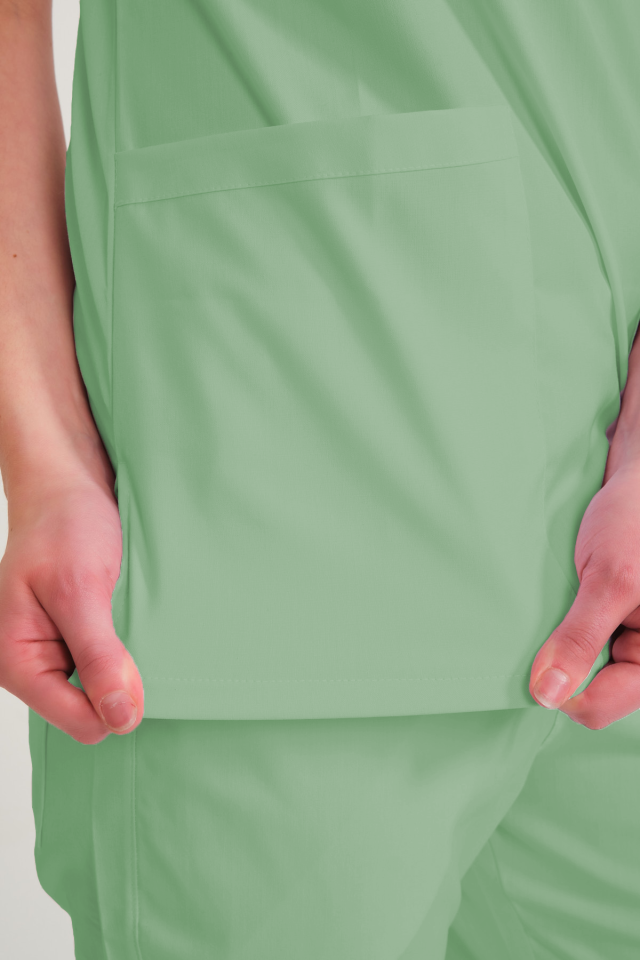 Çağla Yeşili Likralı Zarf Yaka Scrubs Doktor Hemşire Forması Tek Üst