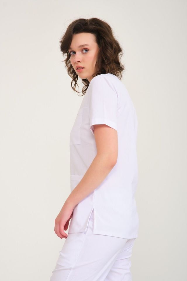 Beyaz Likralı Zarf Yaka Scrubs Doktor Hemşire Forması Tek Üst