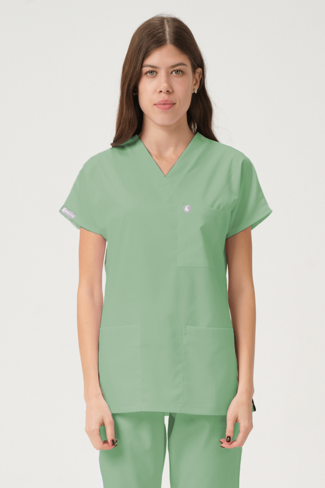 Çağla Yeşili Likralı Scrubs Doktor Hemşire Forması Yarasa Kol Tek Üst Unisex