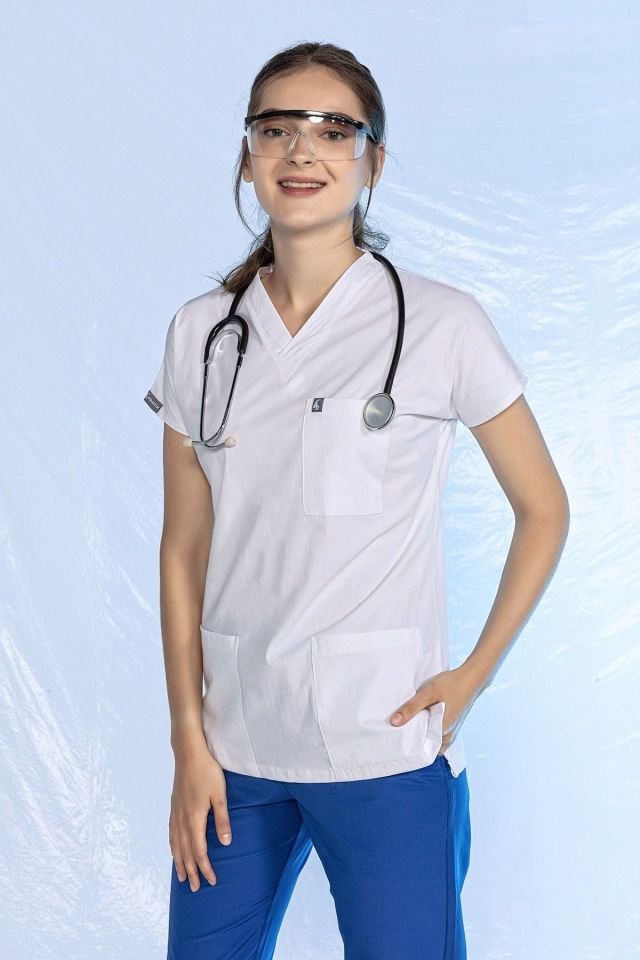 Beyaz Likralı Scrubs Doktor Hemşire Forması Yarasa Kol Tek Üst Unisex