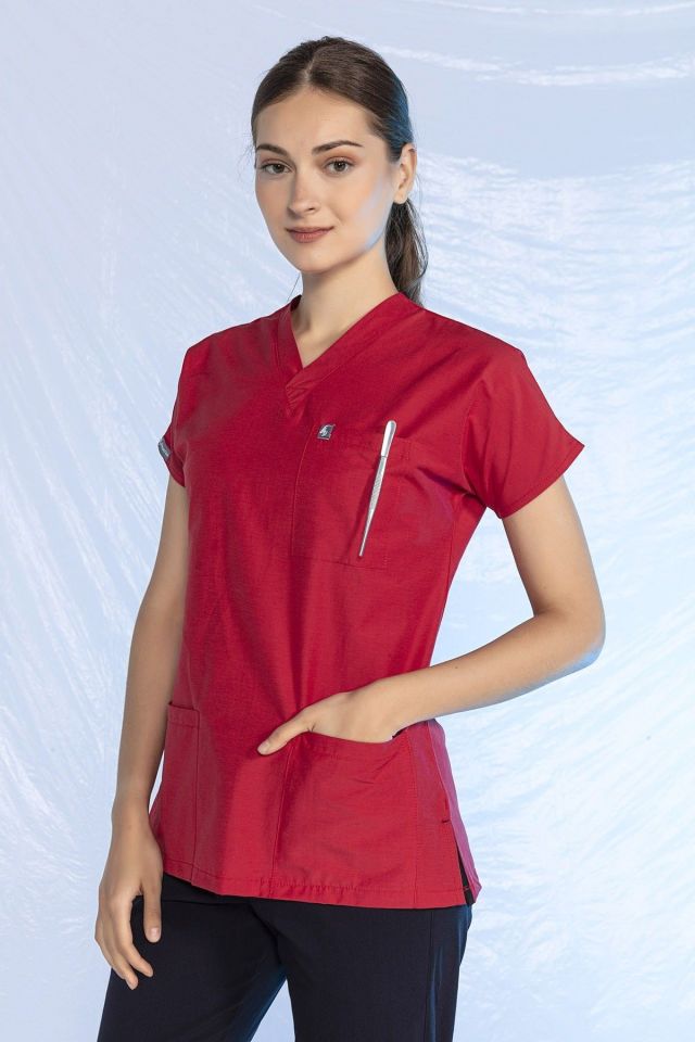 Kırmızı Likralı Scrubs Doktor Hemşire Forması Yarasa Kol Tek Üst Unisex