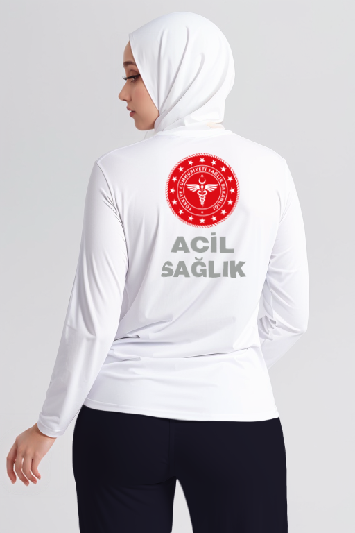 Beyaz 112 Acil Sağlık Bisiklet Yaka Uzun Kollu Tişört Unisex