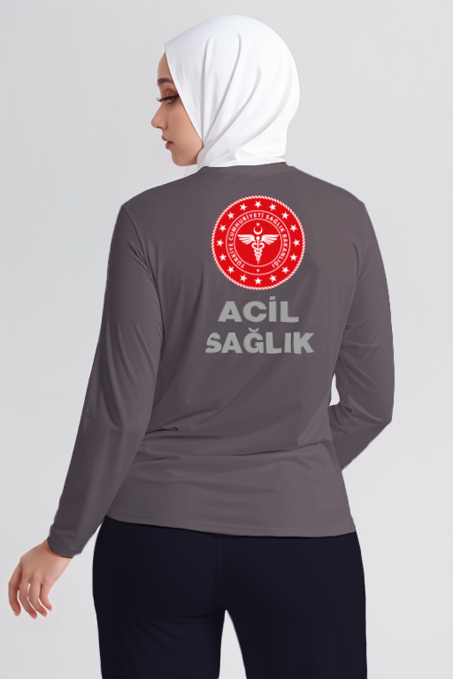 Gri 112 Acil Sağlık Bisiklet Yaka Uzun Kollu Tişört Unisex