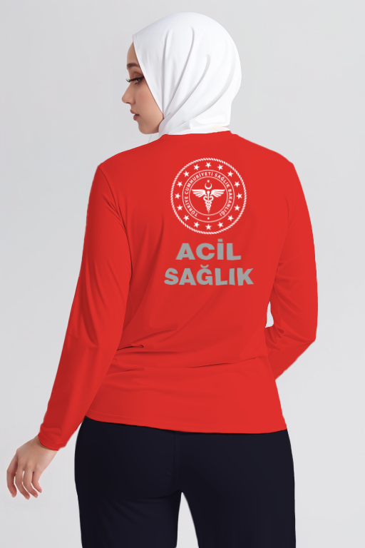 Kırmızı 112 Acil Sağlık Bisiklet Yaka Uzun Kollu Tişört Unisex
