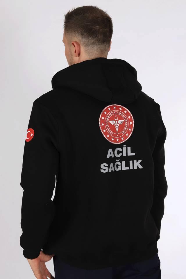 Siyah 112 Acil Sağlık Kapüşonlu Hırka Unisex