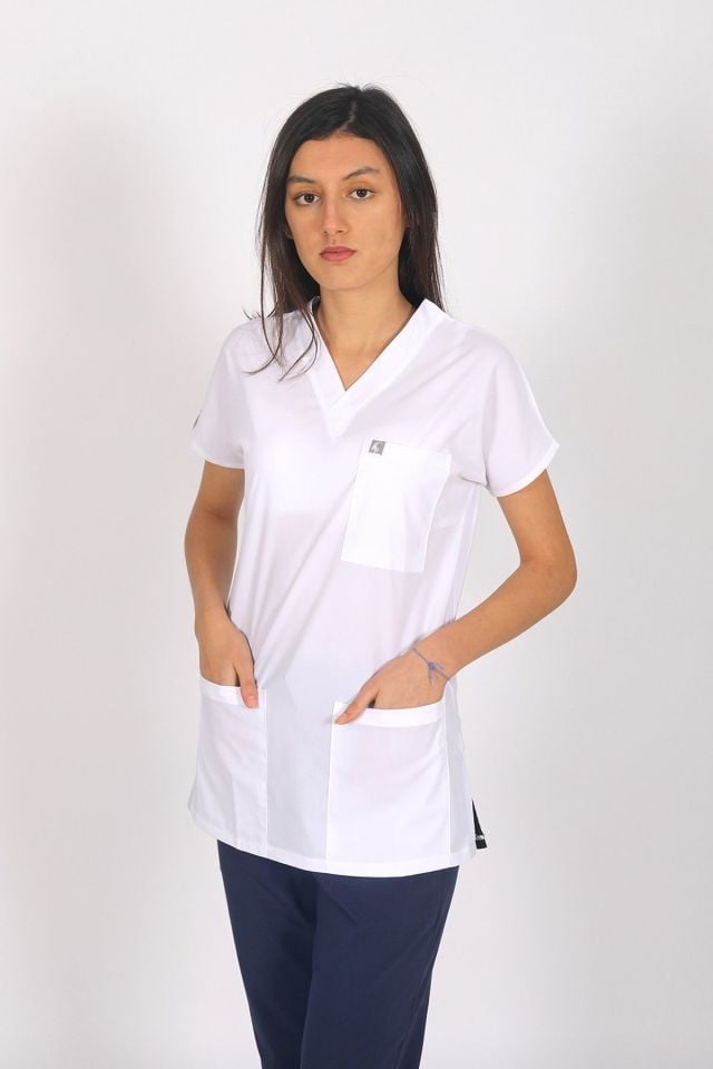 Beyaz - Lacivert Likralı Scrubs Doktor Hemşire Forması Yarasa Kol Kombin Unisex