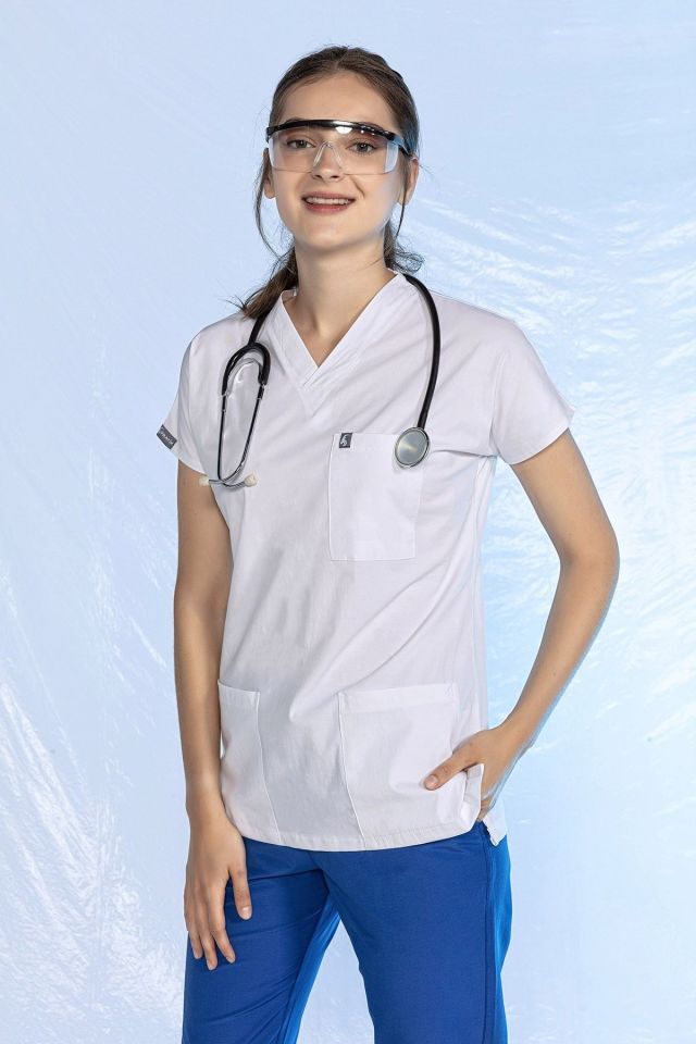 Beyaz - Saks Mavi Likralı Scrubs Doktor Hemşire Forması Yarasa Kol Kombin Unisex