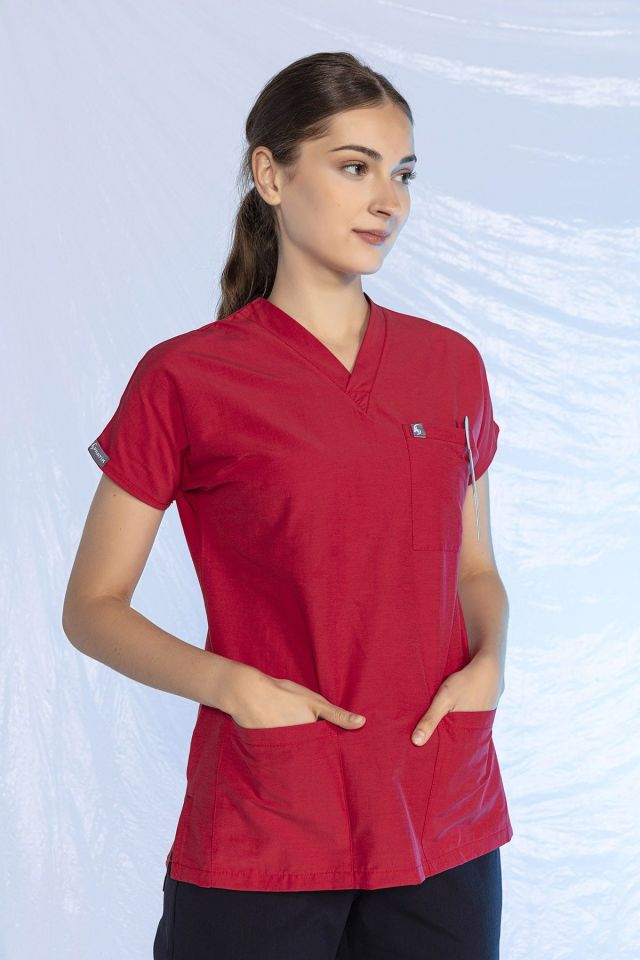 Kırmızı - Lacivert Likralı Scrubs Doktor Hemşire Forması Yarasa Kol Kombin Unisex