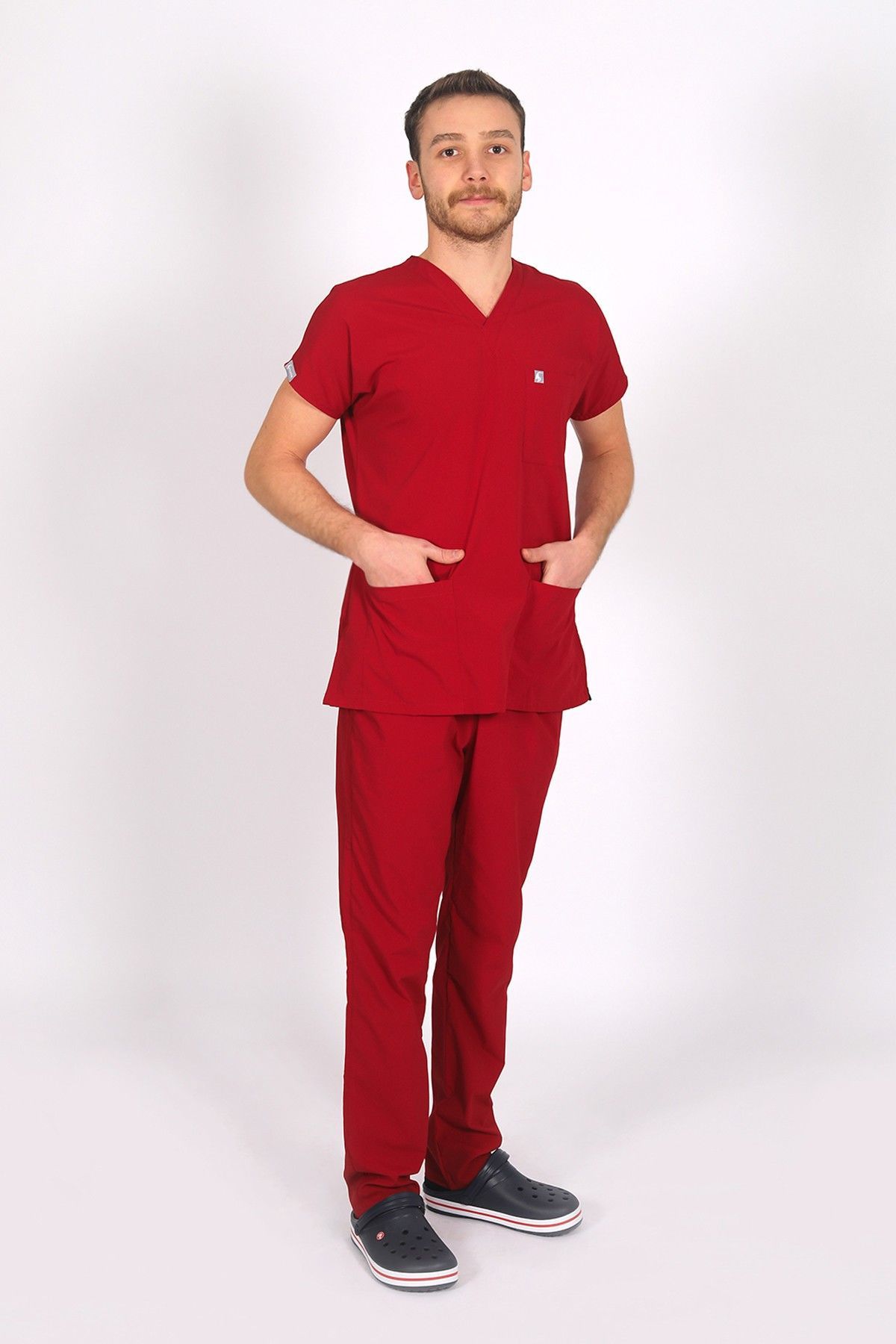 Kırmızı Likralı Scrubs Doktor Hemşire Forması Yarasa Kol Takım