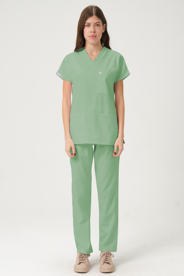 Çağla Yeşili Likralı Scrubs Doktor Hemşire Forması Yarasa Kol Takım Unisex