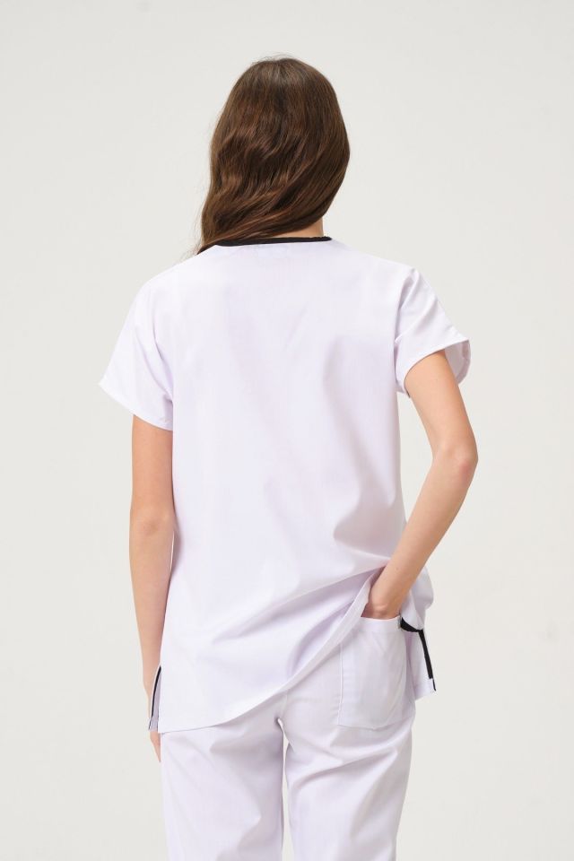 Beyaz Likralı Scrubs Doktor Hemşire Forması Yarasa Kol Takım Unisex