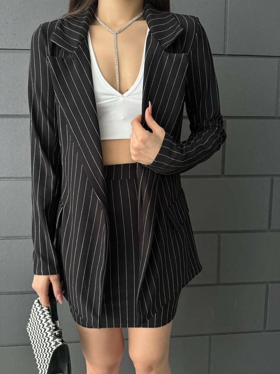 Kadın Zara Interlock çizgili Kumaş Uzun Ceketli Ikili Takım