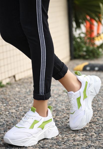 CANSUYILMAZ  Beyaz Cilt Yeşil Detaylı Bağcıklı Spor Ayakkabı