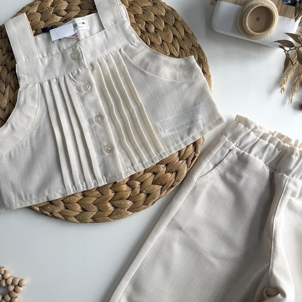 Krem Pileli Crop Keten Takım