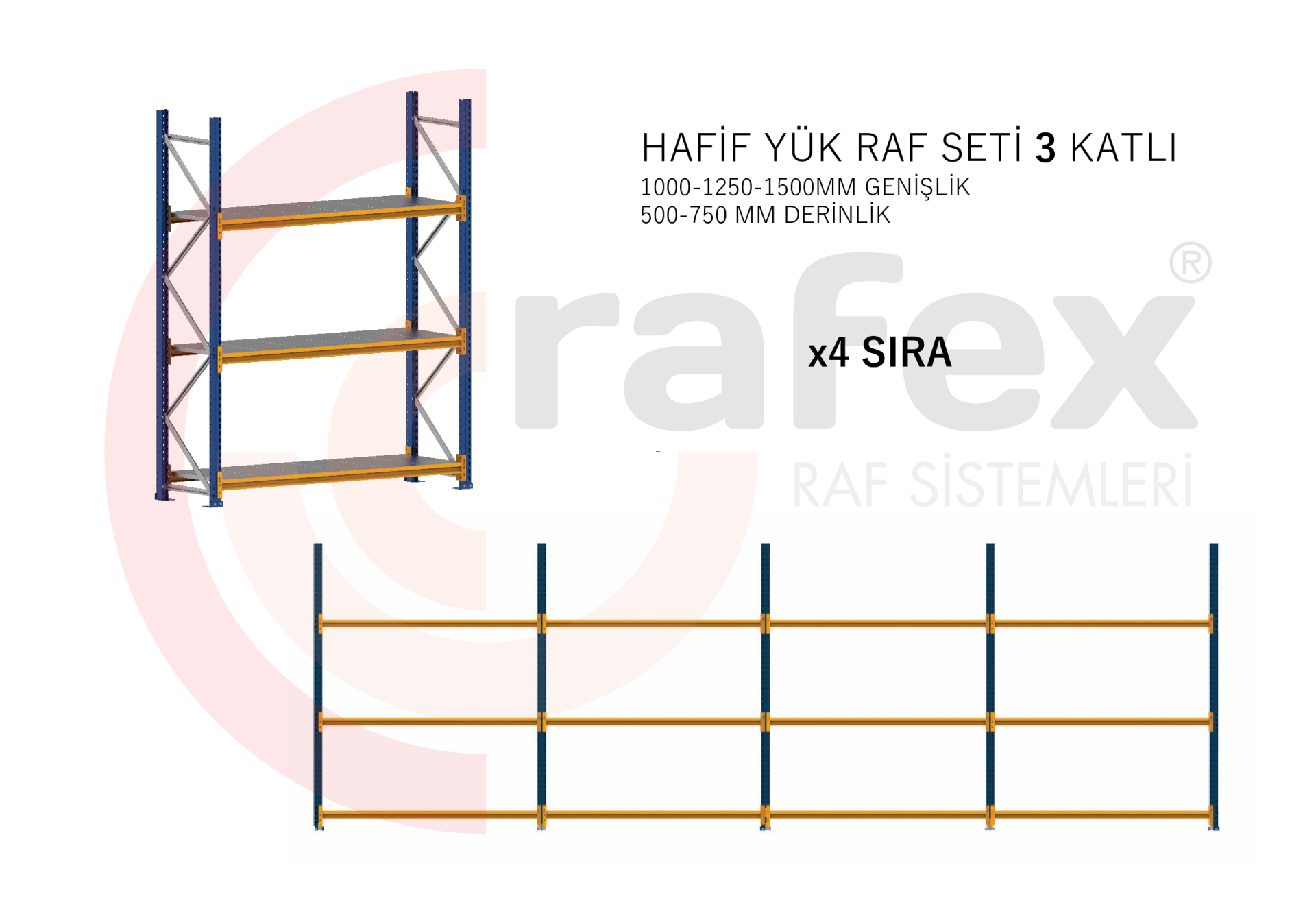 3 Katlı Hafif Yük Raf Sistemi 4 Set