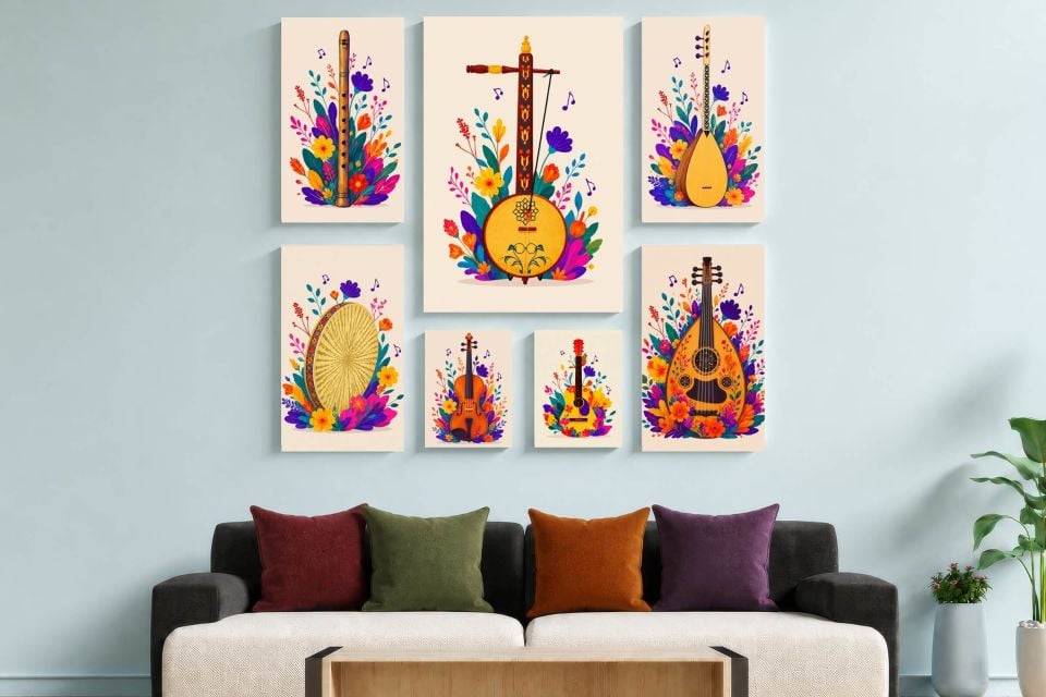 Müzik Aletleri GİTAR FİLÜT UD TEMBUR DEF SAZ Motifli Tasarımlı Duvar Dekoratif Mdf Ahşap Retro Poster Tablo SETİ
