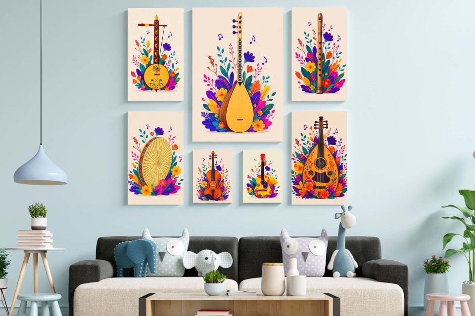 Müzik Aletleri GİTAR FİLÜT UD TEMBUR DEF SAZ Motifli Tasarımlı Duvar Dekoratif Mdf Ahşap Retro Poster Tablo SETİ