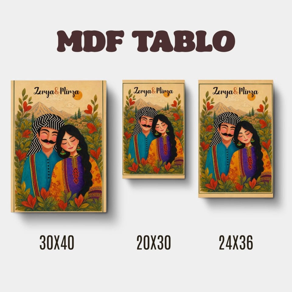 İsme Özel Mem û Zin Kırmızı Yeşil Çiçekli Motifli Tasarımlı Duvar Dekoratif Mdf Ahşap Retro Poster Tablo