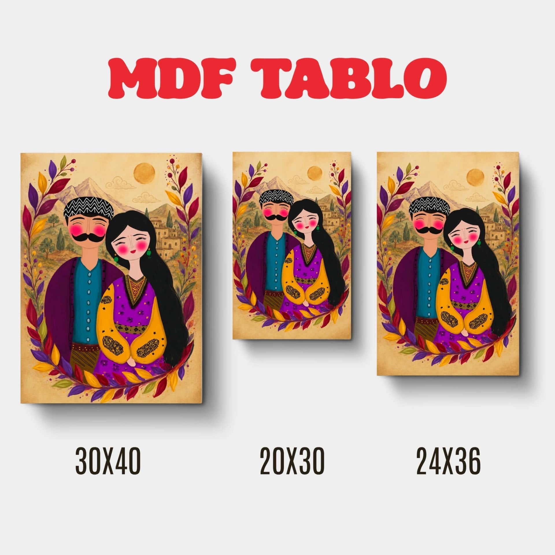 Mem û Zin Mor Mavi Çiçekli Motifli Tasarımlı Duvar Dekoratif Mdf Ahşap Retro Poster Tablo