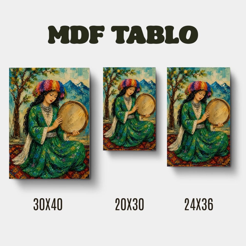 Def Çalan Kadın Yağlı Boya Motifli Tasarımlı Duvar Dekoratif Mdf Ahşap Retro Poster Tablo