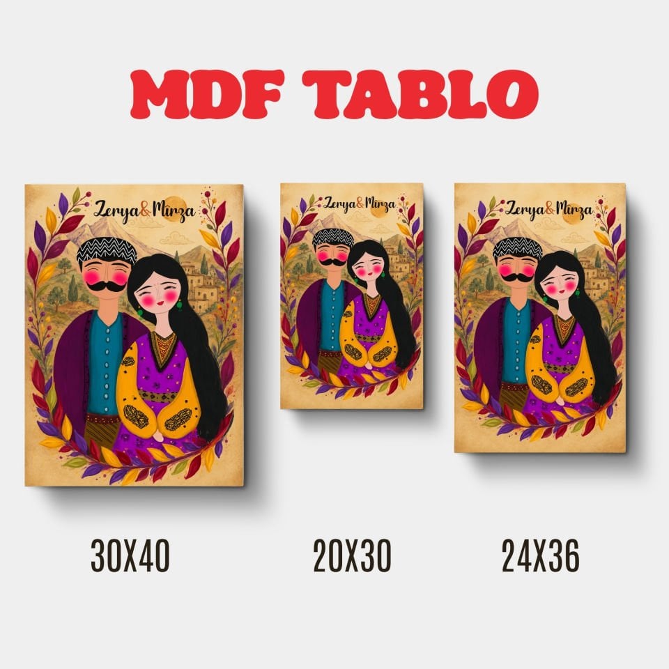 İsme Özel Mem û Zin Mor Mavi Çiçekli Motifli Tasarımlı Duvar Dekoratif Mdf Ahşap Retro Poster Tablo