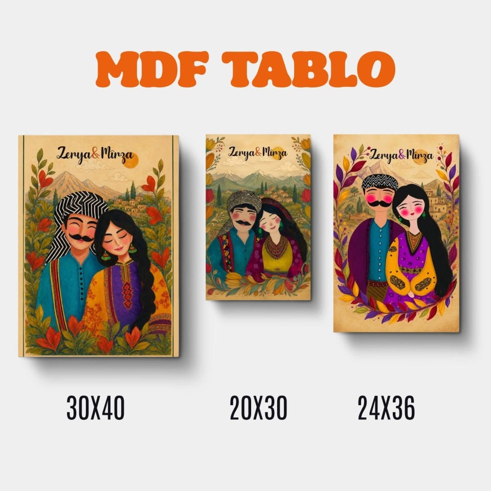 İsme Özel Mem û Zin Motifli Tasarımlı Duvar Dekoratif Mdf Ahşap Retro Poster Tablo SETİ