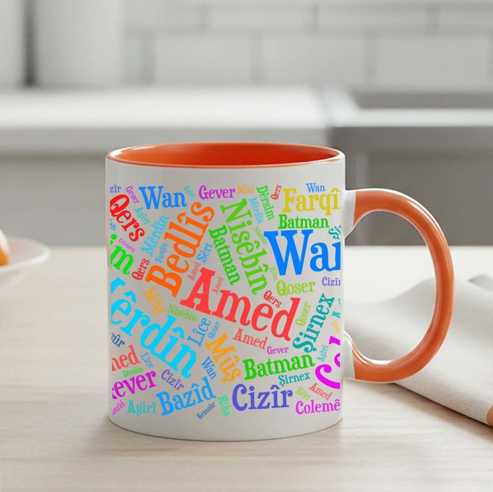 Kürt Şehirleri Tasarımlı Klasik Turuncu Kupa Bardağı - Kürtçe Şehir isimleri Klasik Turuncu Renk Kupa Bardak