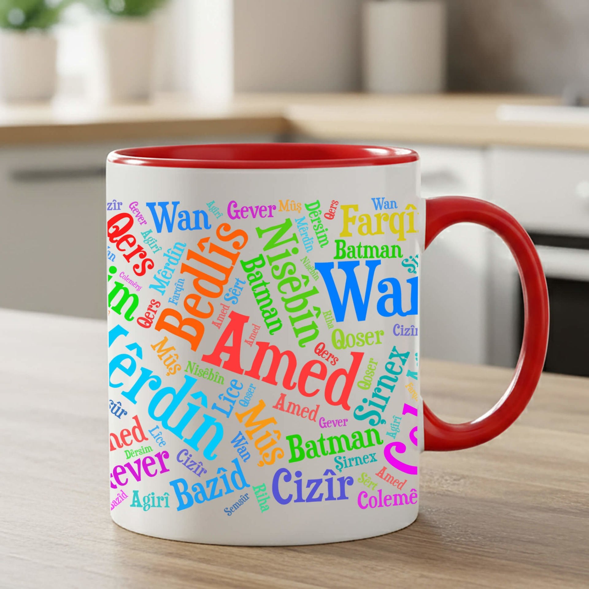 Kürt Şehirleri Tasarımlı Klasik Kırmızı Kupa Bardağı - Kürtçe Şehir isimleri Klasik Kırmızı Renk Kupa Bardak
