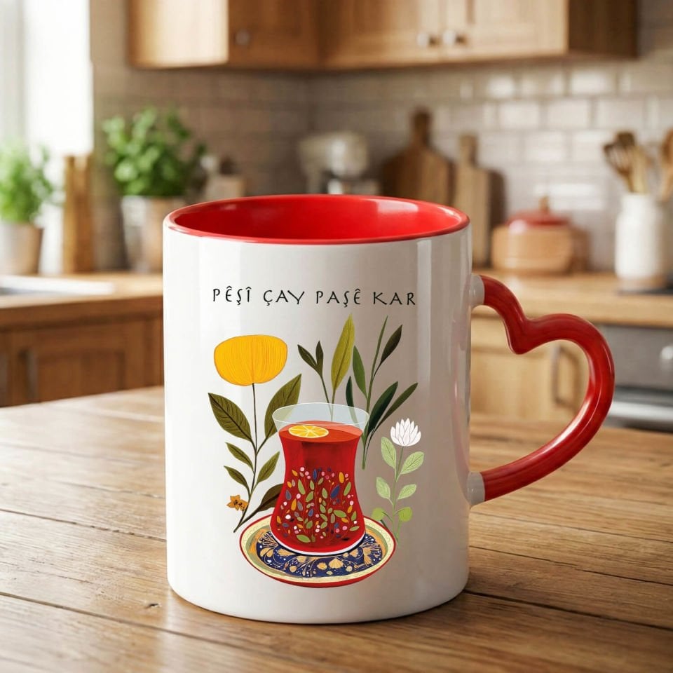 Kürtçe Pêşî Çay Paşê Kar Tasarımlı Kırmızı Renkli Kalp Kupa Bardağı