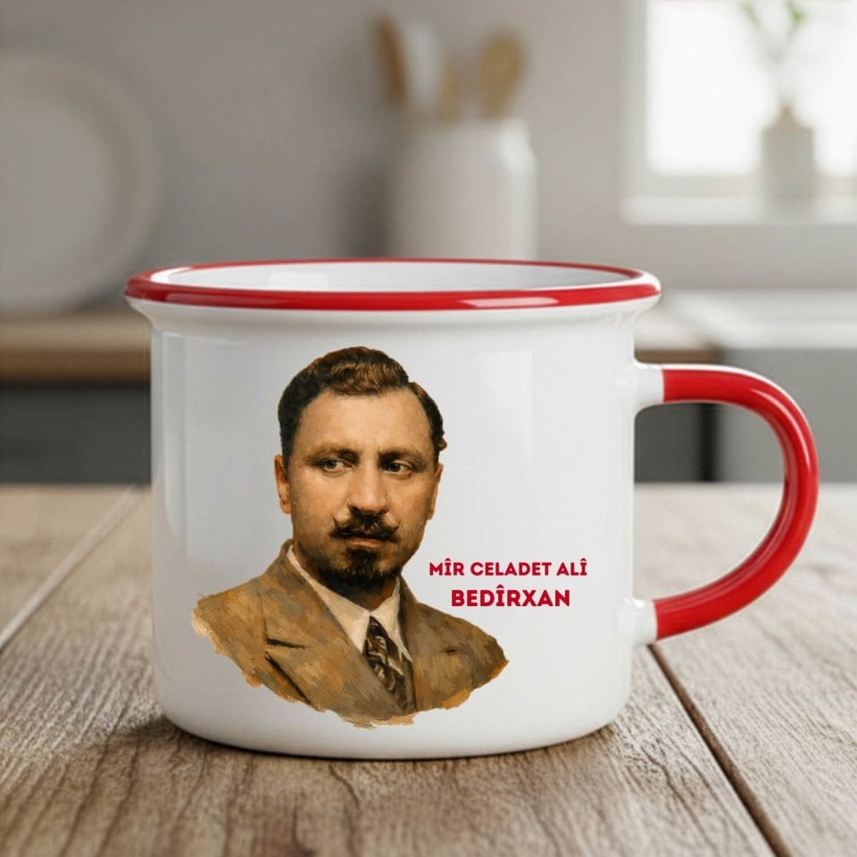 Kupaya Celadet Bedirxan - Celadet Ali Bedirhan Resimli Enamel Kırmızı Renkli Kupa Bardak