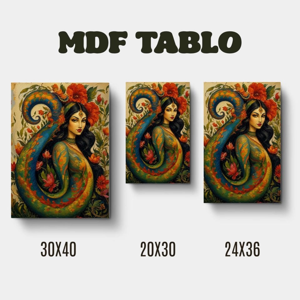 Şahmaran Motifli Renkli Kadın Tasarımlı Duvar Dekoratif Mdf Ahşap Retro Poster Tablo