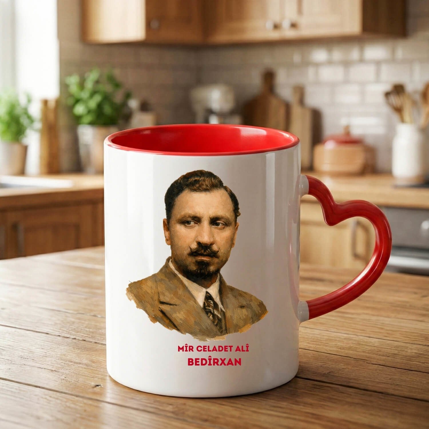 Kupaya Celadet Bedirxan - Celadet Ali Bedirhan Resimli Kalp Kırmızı Renkli Kupa Bardak