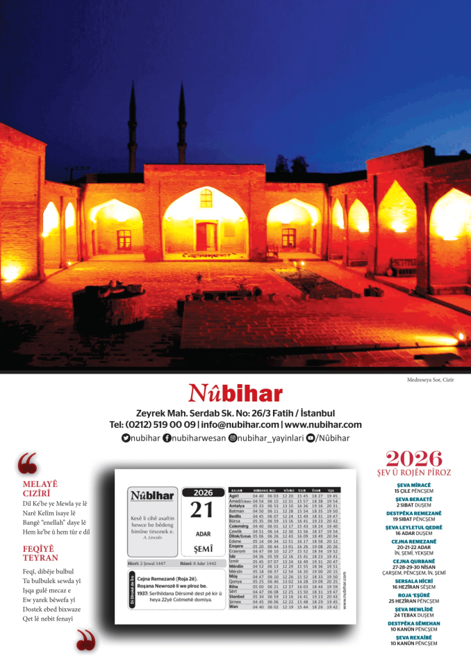 Salname 2026 Medreseya Sor-Cizîr 2026 Kürtçe Takvim